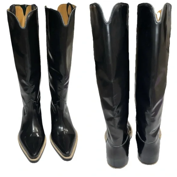 CHLOE Nellie Black Leather Western Knee High Boots Tall Cowboy EU37.5 US7.5 NWOB - Picture 3 of 10